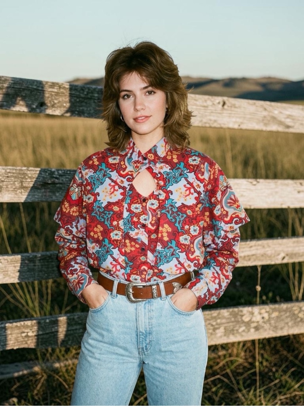 VTG 90s Wrangler Frontier Series Floral Cape Back Open Keyhole Cutout Shirt XL